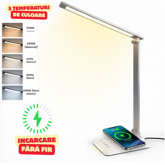 Lampa de Birou cu LED, Incarcare Wireless, 5 Moduri Lumina, Control tactil, Oprire Automata