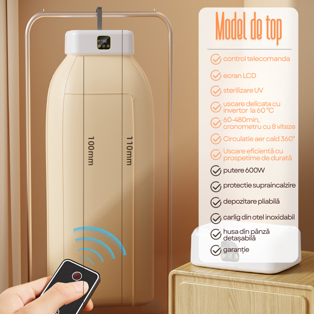 Uscator de Rufe Electric Portabil , Pliabil, Circulatie Aer Cald 360°, Capacitate 10Kg