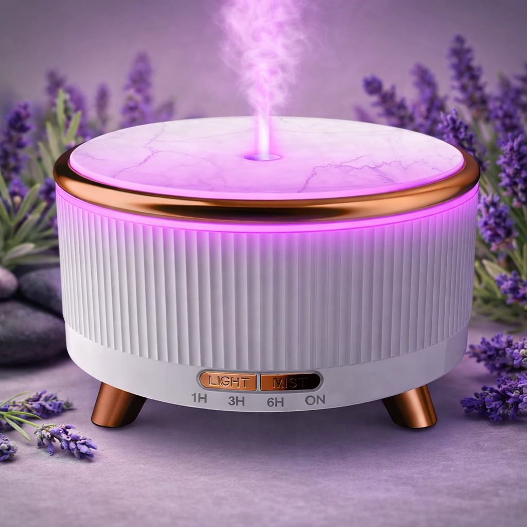 Difuzor aroma ultrasonic 500ml tip lemn, umidificator aer cu uleiuri esentiale, aromaterapie cu LED 7 culori, temporizator si oprire automata, Alb