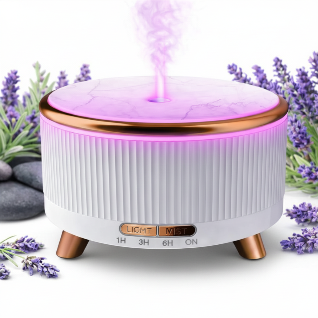 Difuzor aroma ultrasonic 500ml tip lemn, umidificator aer cu uleiuri esentiale, aromaterapie cu LED 7 culori, temporizator si oprire automata, Alb