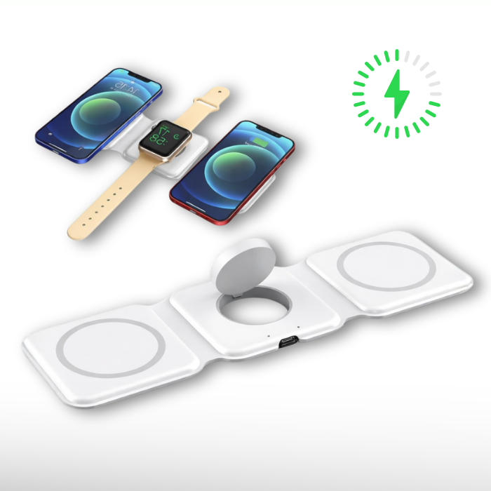 Incarcator wireless magnetic 3 in 1 pliabil, 15W, pentru telefon, smartwatch si casti, Alb