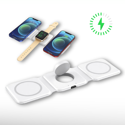 Incarcator wireless magnetic 3 in 1 pliabil, 15W, pentru telefon, smartwatch si casti, Alb