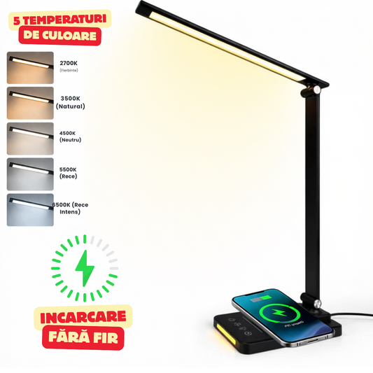 Lampa de Birou cu LED, Incarcare Wireless, 5 Moduri Lumina, Control tactil, Oprire Automata