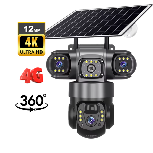 Camera de supraveghere video tripla cu panou solar și cartelă SIM 4G, 12MP Ultra HD 4k, Panou solar și acumulatori 8000mAh