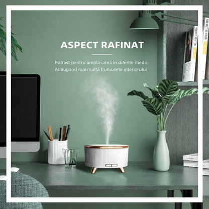 Difuzor aroma ultrasonic 500ml tip lemn, umidificator aer cu uleiuri esentiale, aromaterapie cu LED 7 culori, temporizator si oprire automata, Alb