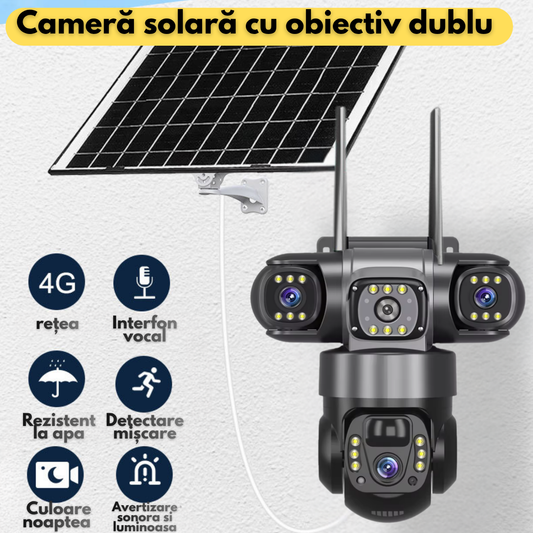 Camera de supraveghere video tripla cu panou solar și cartelă SIM 4G, 12MP Ultra HD 4k, Panou solar și acumulatori 8000mAh
