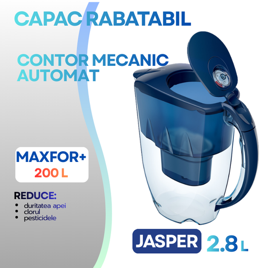 Cana filtranta Aquaphor JAPSPER cu 3 cartuse incluse, Albastru, capacitate 2, 8L, reduce calcarul, clorul, pesticidele, metalele grele si microplasticul, cu filtrare pana la 200L