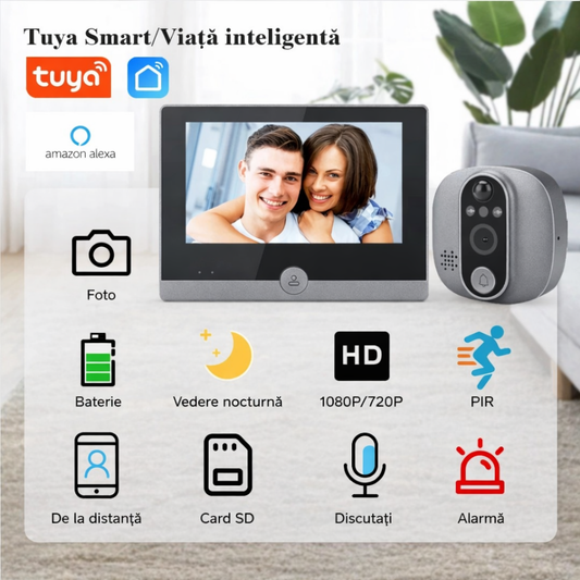 Sonerie video smart WiFi 2MP cu vizor digital 4.3 inch, interfon bidirectional, detectie miscare PIR, vedere nocturna, baterie 5000mAh
