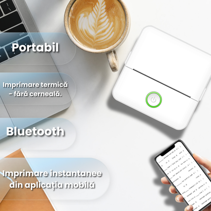 Imprimanta termica mini portabila Bluetooth 57mm, fara cerneala, imprimanta foto & etichete DIY pentru copii, aparat de buzunar cu aplicatie mobila + rola hartie