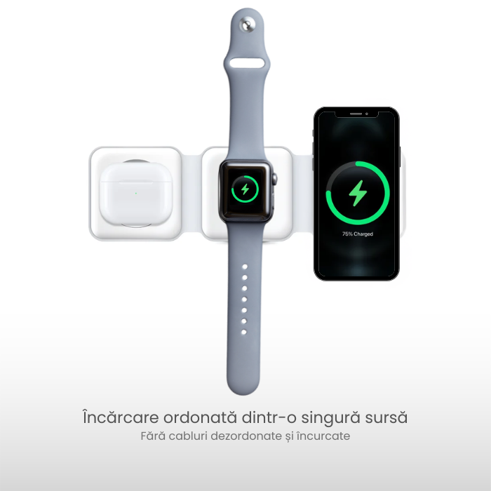 Incarcator wireless magnetic 3 in 1 pliabil, 15W, pentru telefon, smartwatch si casti, Alb