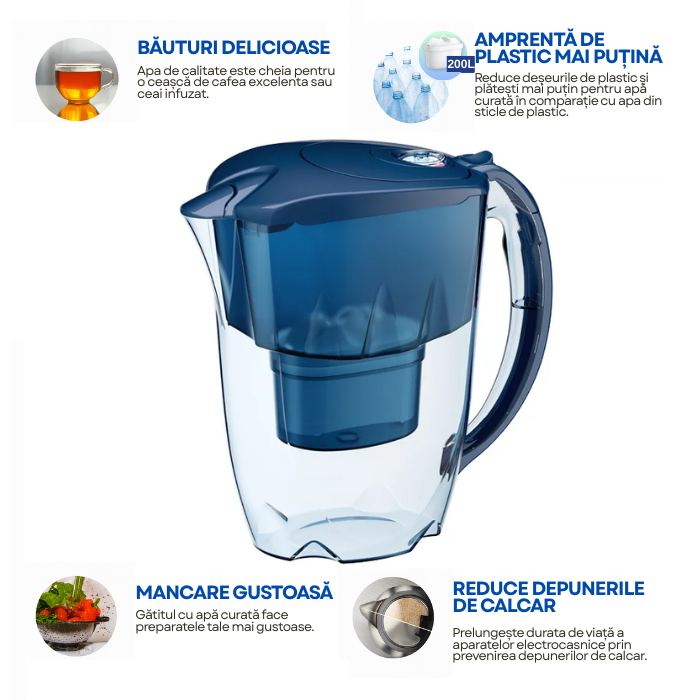 Cana filtranta Aquaphor JAPSPER cu 3 cartuse incluse, Albastru, capacitate 2, 8L, reduce calcarul, clorul, pesticidele, metalele grele si microplasticul, cu filtrare pana la 200L