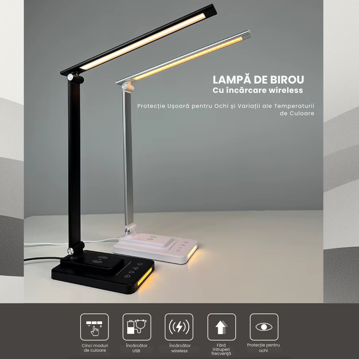 Lampa de Birou cu LED, Incarcare Wireless, 5 Moduri Lumina, Control tactil, Oprire Automata