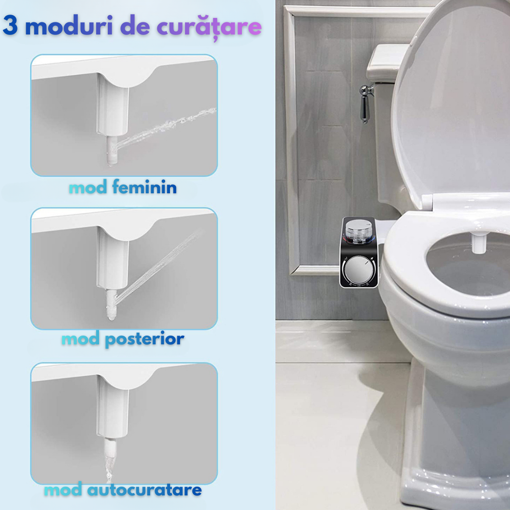 Bideu Non-Electric Ultra Slim pentru WC, Apa Caldă si Rece, Presiune Reglabila