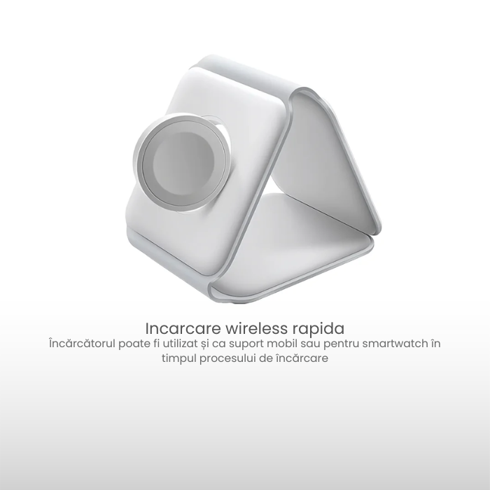 Incarcator wireless magnetic 3 in 1 pliabil, 15W, pentru telefon, smartwatch si casti, Alb