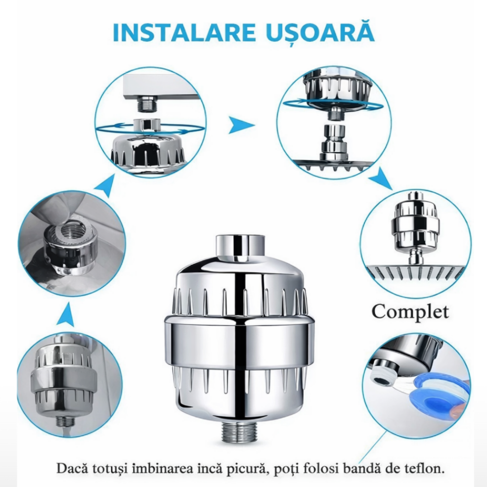Filtru apa dus cu 20 etape filtrare, anti clor si metale grele, dedurizator apa pentru para dus, protejeaza pielea si parul, montaj universal
