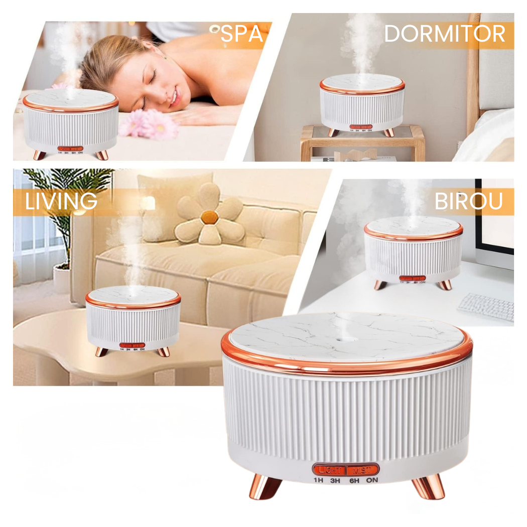 Difuzor aroma ultrasonic 500ml tip lemn, umidificator aer cu uleiuri esentiale, aromaterapie cu LED 7 culori, temporizator si oprire automata, Alb