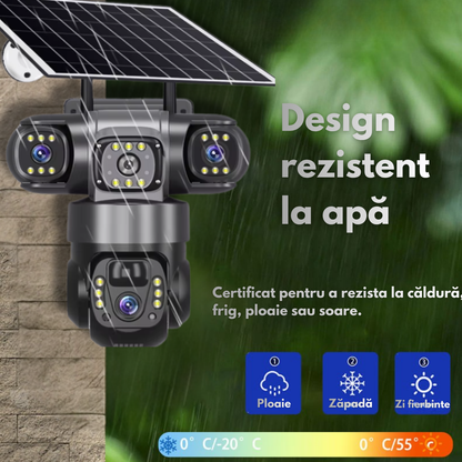 Camera de supraveghere video tripla cu panou solar și cartelă SIM 4G, 12MP Ultra HD 4k, Panou solar și acumulatori 8000mAh