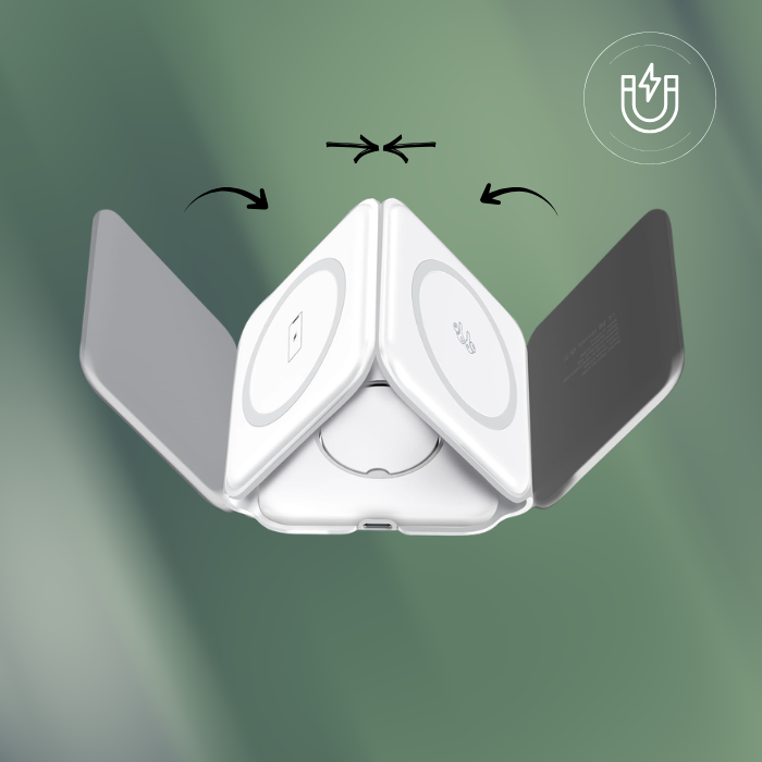 Incarcator wireless magnetic 3 in 1 pliabil, 15W, pentru telefon, smartwatch si casti, Alb