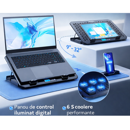 Cooler Laptop Gaming Universal cu Ventilatoare Silentioase si suport pentru telefon