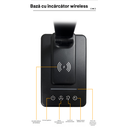 Lampa de Birou cu LED, Incarcare Wireless, 5 Moduri Lumina, Control tactil, Oprire Automata