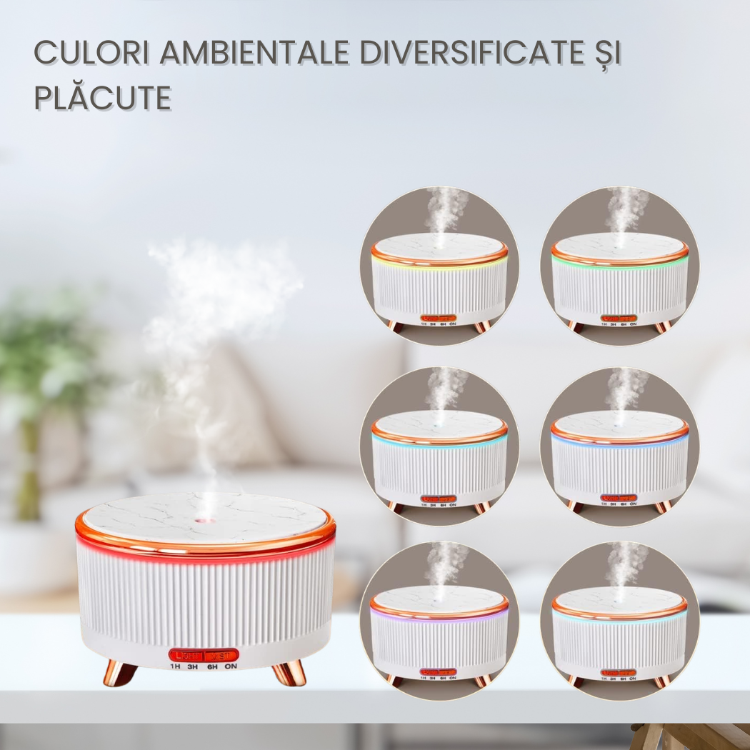 Difuzor aroma ultrasonic 500ml tip lemn, umidificator aer cu uleiuri esentiale, aromaterapie cu LED 7 culori, temporizator si oprire automata, Alb