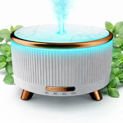 Difuzor aroma ultrasonic 500ml tip lemn, umidificator aer cu uleiuri esentiale, aromaterapie cu LED 7 culori, temporizator si oprire automata, Alb