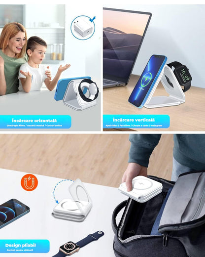 Incarcator wireless magnetic 3 in 1 pliabil, 15W, pentru telefon, smartwatch si casti, Alb