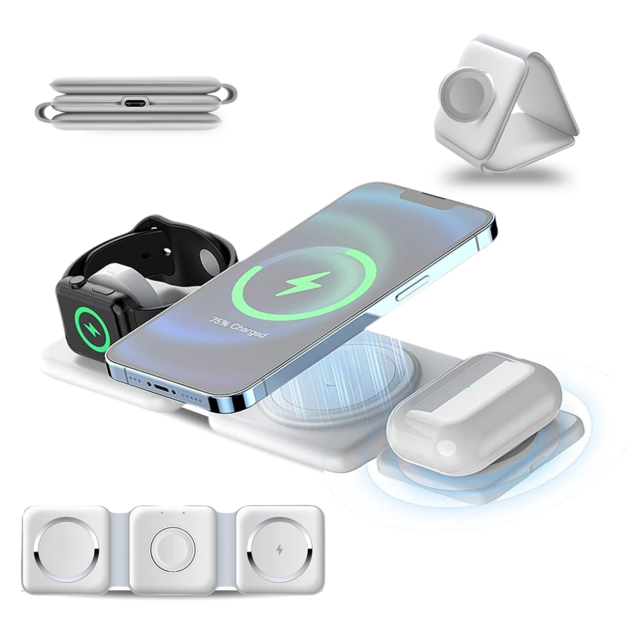 Incarcator wireless magnetic 3 in 1 pliabil, 15W, pentru telefon, smartwatch si casti, Alb