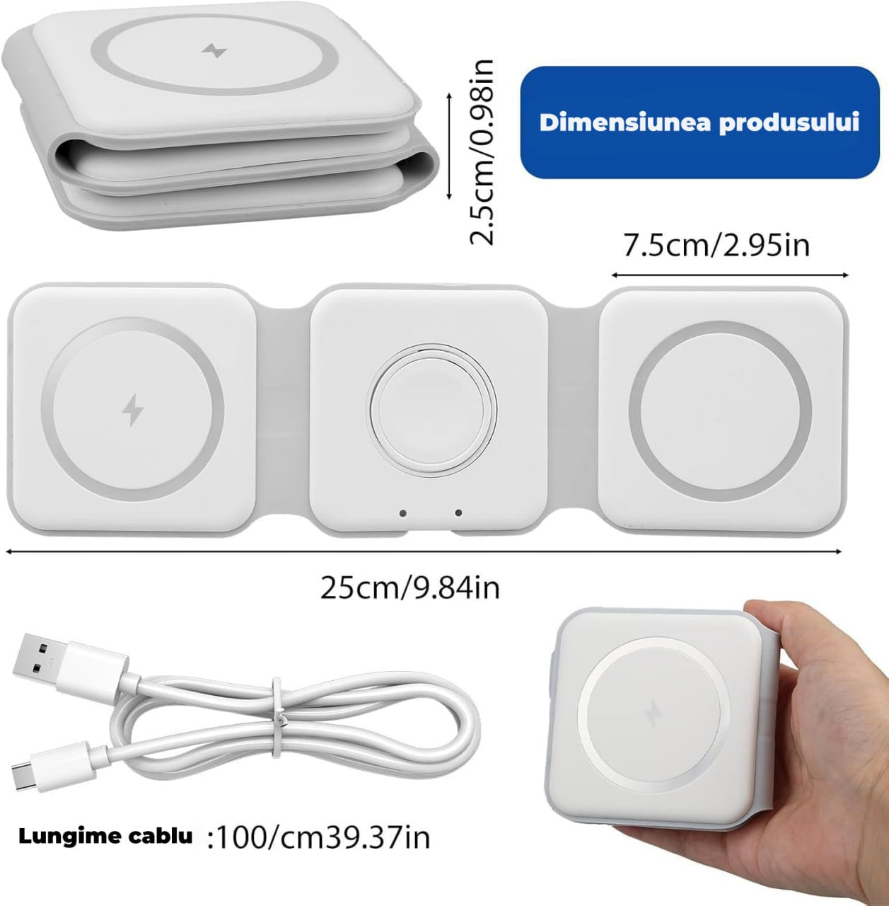 Incarcator wireless magnetic 3 in 1 pliabil, 15W, pentru telefon, smartwatch si casti, Alb