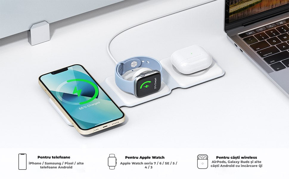 Incarcator wireless magnetic 3 in 1 pliabil, 15W, pentru telefon, smartwatch si casti, Alb