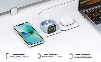 Incarcator wireless magnetic 3 in 1 pliabil, 15W, pentru telefon, smartwatch si casti, Alb