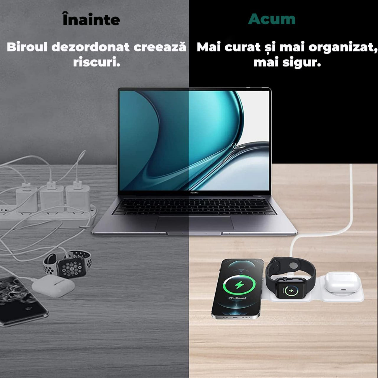 Incarcator wireless magnetic 3 in 1 pliabil, 15W, pentru telefon, smartwatch si casti, Alb