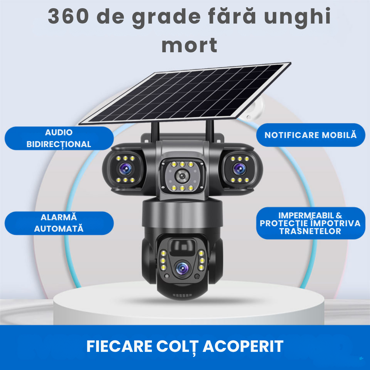 Camera de supraveghere video tripla cu panou solar și cartelă SIM 4G, 12MP Ultra HD 4k, Panou solar și acumulatori 8000mAh