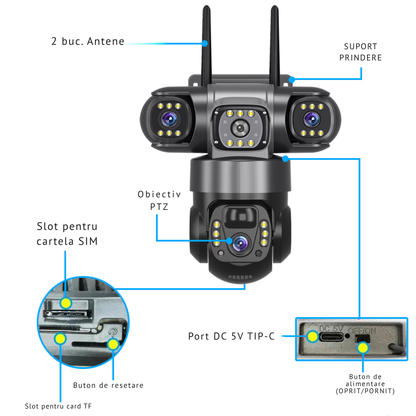 Camera de supraveghere video tripla cu panou solar și cartelă SIM 4G, 12MP Ultra HD 4k, Panou solar și acumulatori 8000mAh