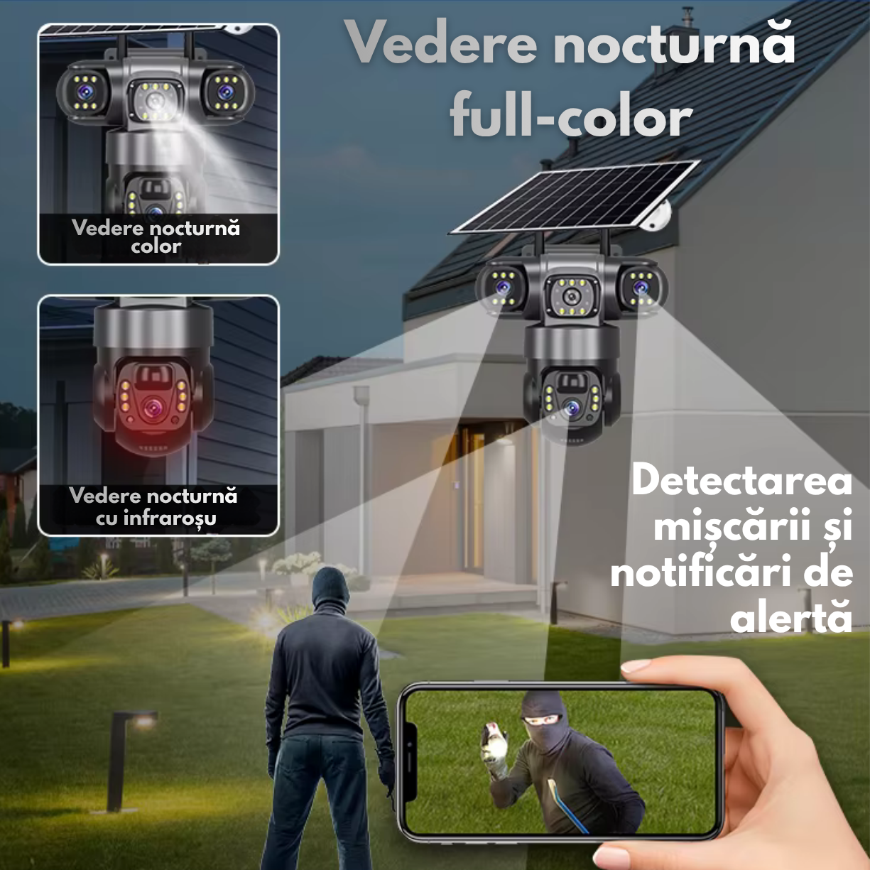 Camera de supraveghere video tripla cu panou solar și cartelă SIM 4G, 12MP Ultra HD 4k, Panou solar și acumulatori 8000mAh