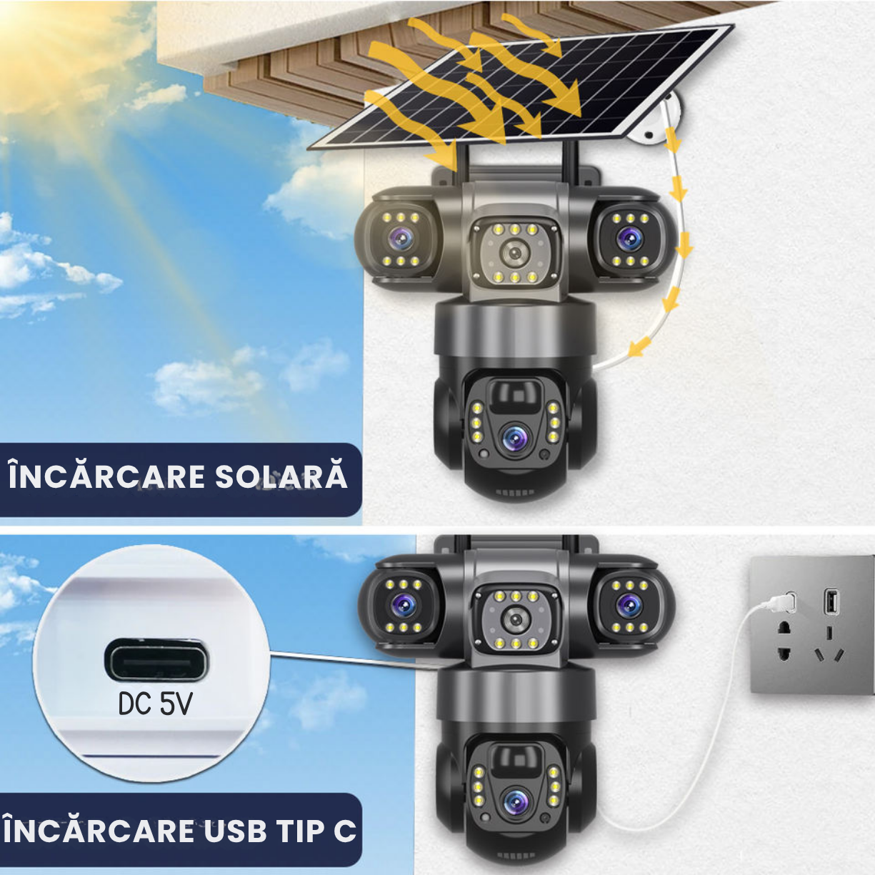 Camera de supraveghere video tripla cu panou solar și cartelă SIM 4G, 12MP Ultra HD 4k, Panou solar și acumulatori 8000mAh